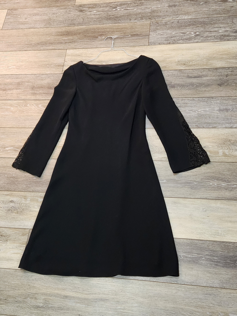 Maggy London Black Boatneck Midi Dress with Lace Sleeves Size 4